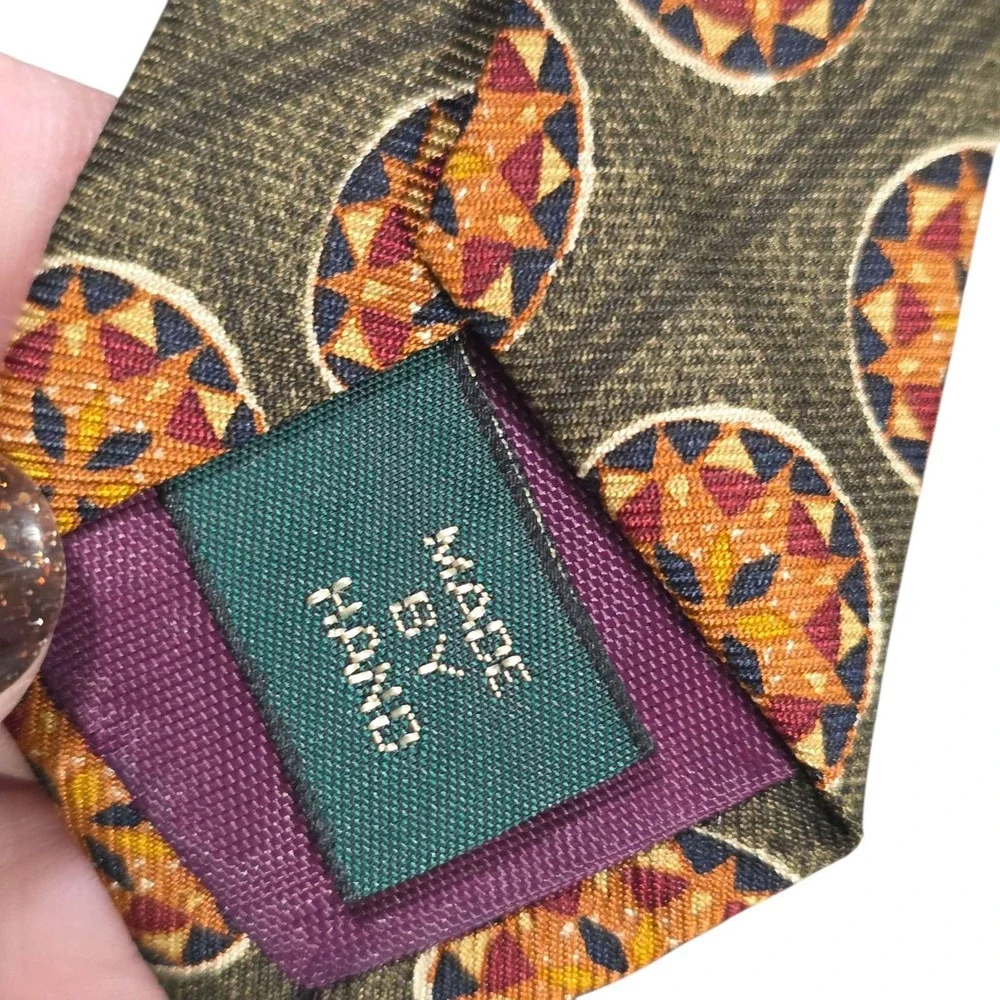 Vintage J.CREW Silk Medallion Pattern Tie Green Orange Men's Luxury Neckwear‎